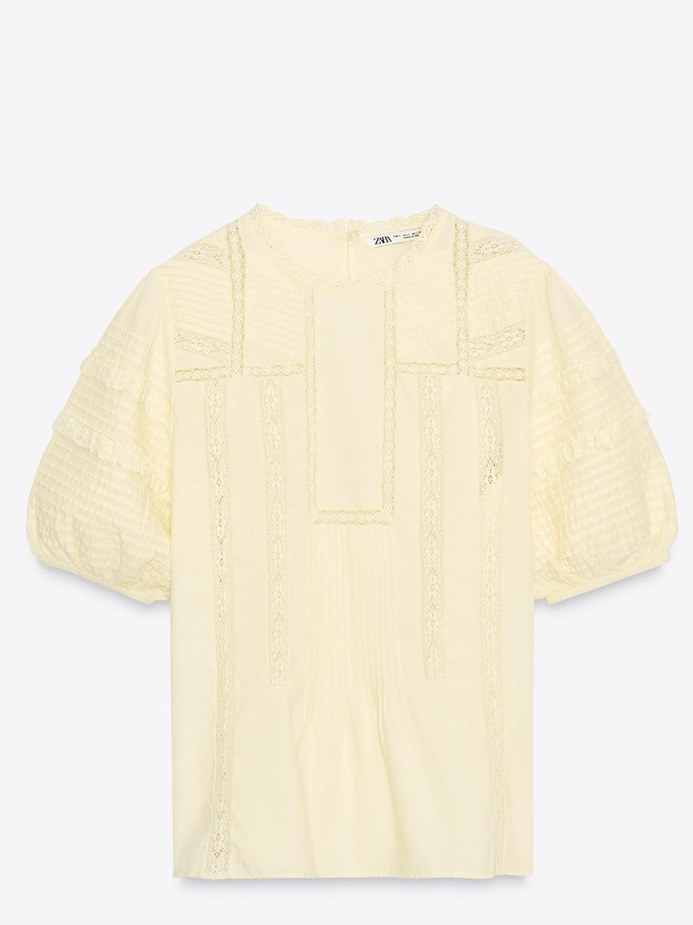 Zara Pale Yellow Lace Panel Puff Sleeve Blouse